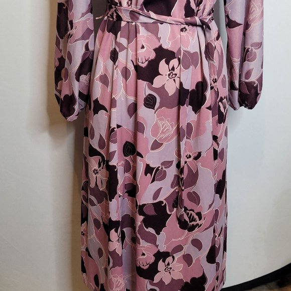 Vintage Dress Floral Polyester Purple Belted Long Sleeve Medium Damon Fashion 70 - Picture 3 of 10